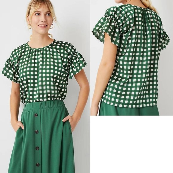 Ann Taylor Tops - ANN TAYLOR Green & White Buffalo Plaid Short Flutter Sleeve Loose Flowy Top M